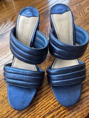 Sandro Quilted Navy Double-Strap Slide Mules - Women NEW Never Worn